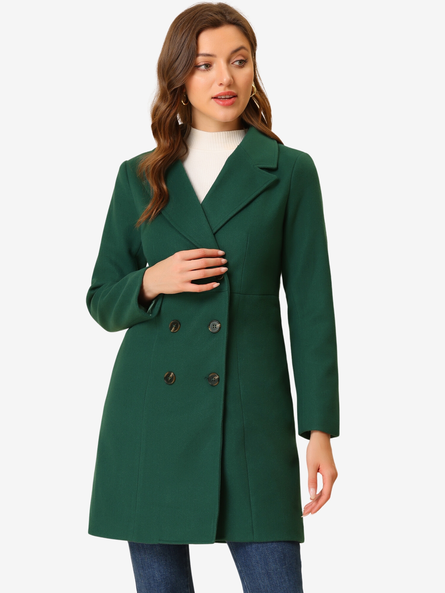 Notched Lapel Double Breasted Outwear Winter Long Coat Green/XS - Allegra K catalog