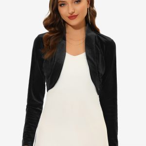 Velvet Open Front Long Sleeve Cropped Bolero Shrug Black/XL - Allegra K catalog