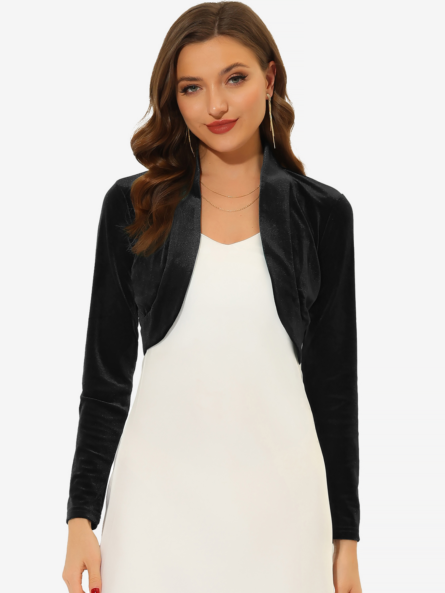 Velvet Open Front Long Sleeve Cropped Bolero Shrug Black/XL - Allegra K catalog