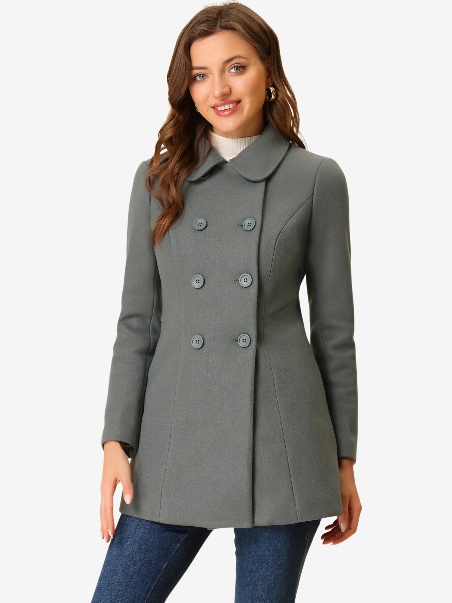 Peter Pan Collar Double Breasted Winter Long Trench Pea Coat Dark Grey/XS - Allegra K catalog