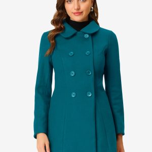 Peter Pan Collar Double Breasted Winter Long Trench Pea Coat Lake Blue/S - Allegra K catalog
