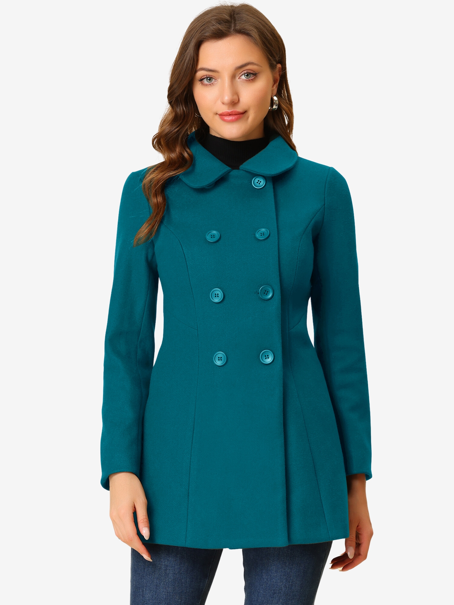 Peter Pan Collar Double Breasted Winter Long Trench Pea Coat Lake Blue/S - Allegra K catalog