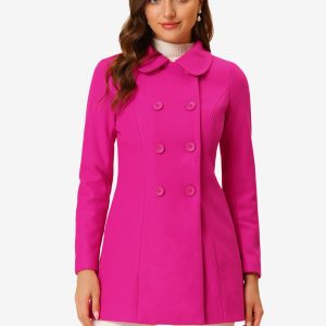 Peter Pan Collar Double Breasted Long Trench Pea Coat Hot Pink/S - Allegra K catalog