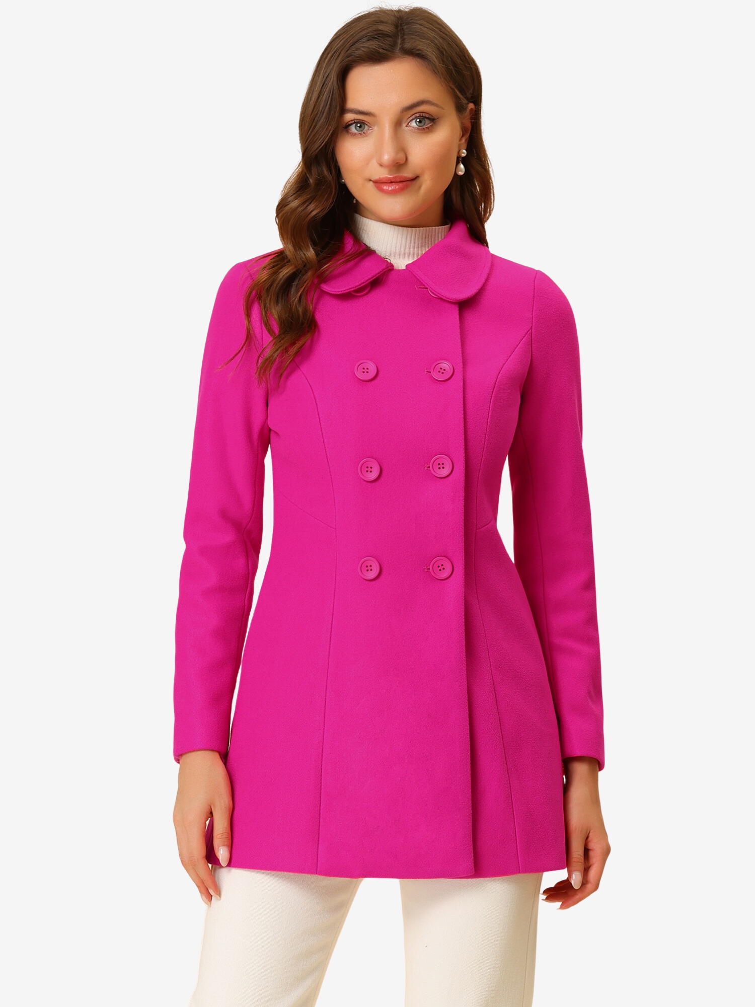 Peter Pan Collar Double Breasted Long Trench Pea Coat Hot Pink/M - Allegra K catalog