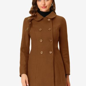 Peter Pan Collar Double Breasted Long Trench Pea Coat Dark Brown/M - Allegra K catalog