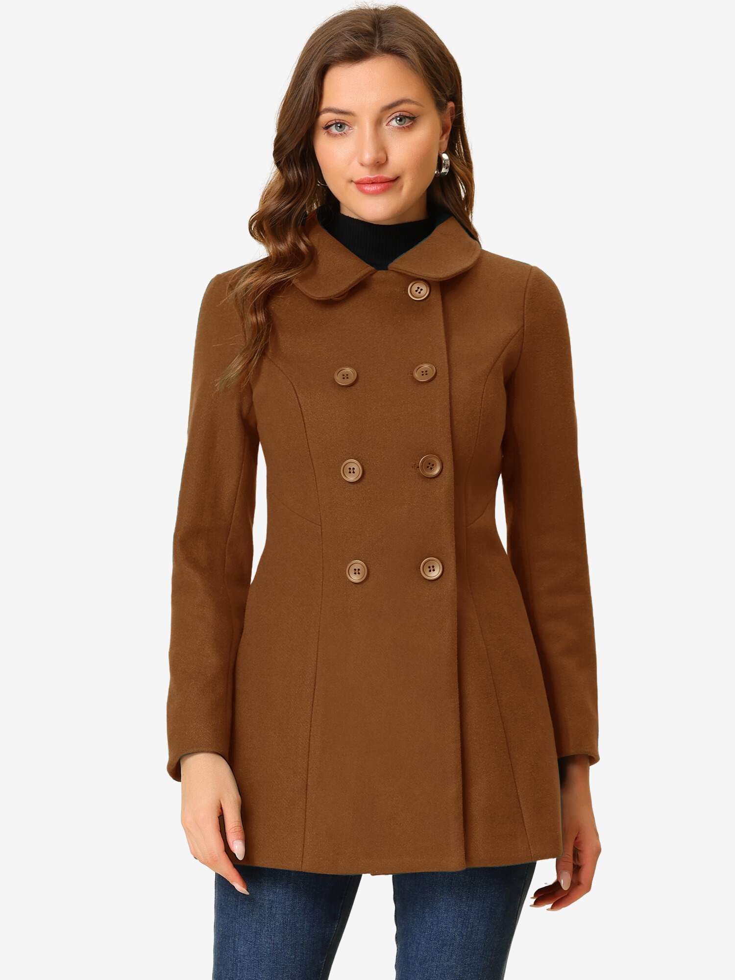 Peter Pan Collar Double Breasted Long Trench Pea Coat Dark Brown/L - Allegra K catalog