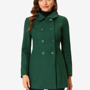 Peter Pan Collar Double Breasted Long Trench Pea Coat Dark Green/M - Allegra K catalog
