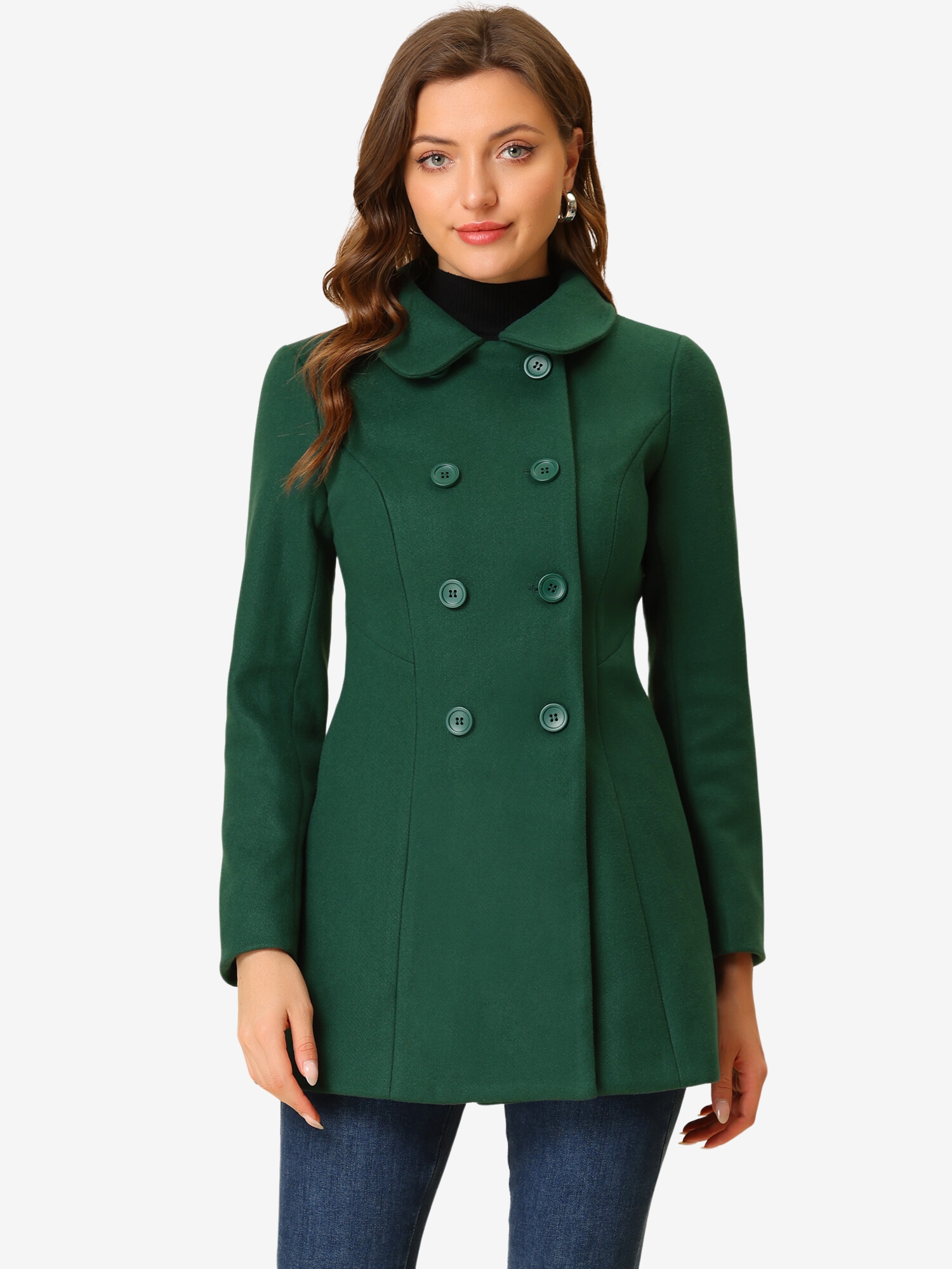 Peter Pan Collar Double Breasted Long Trench Pea Coat Dark Green/L - Allegra K catalog