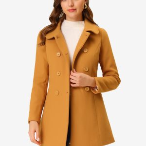 Peter Pan Collar Double Breasted Winter Long Trench Pea Coat Dark Khaki/S - Allegra K catalog