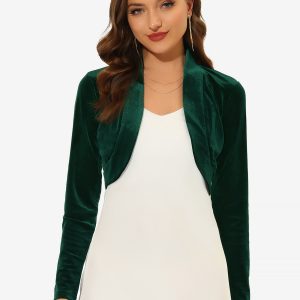 Velvet Open Front Long Sleeve Cropped Bolero Shrug Dark Green/XS - Allegra K catalog