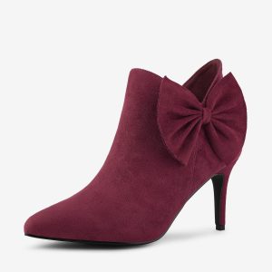 Pointed Toe Zip Bow Stiletto Heel Ankle Boots Burgundy/7.5 - Allegra K catalog