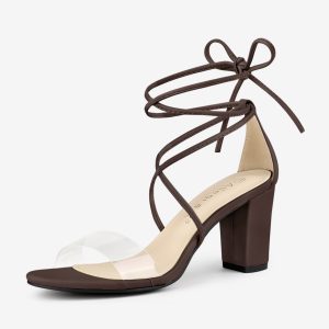 Open Toe Lace Up Clear Strap Block Heel Sandals Coffee/7 - Allegra K catalog