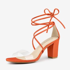 Open Toe Lace Up Clear Strap Block Heel Sandals Orange/7.5 - Allegra K catalog