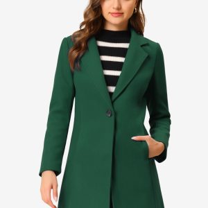 Classic Notched Lapel Long Sleeve Buttoned Coat Dark Green/XS - Allegra K catalog