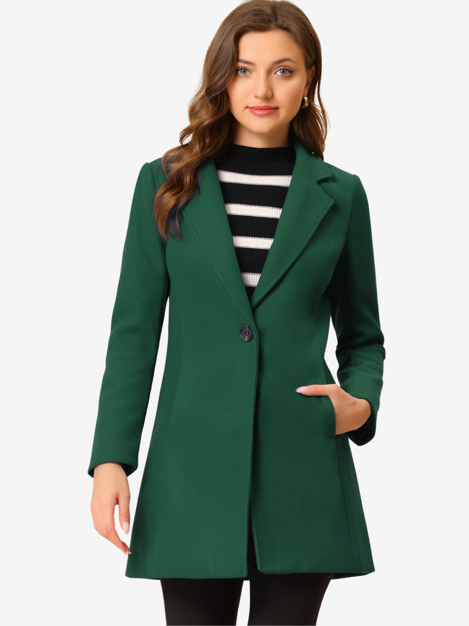 Classic Notched Lapel Long Sleeve Buttoned Coat Dark Green/L - Allegra K catalog