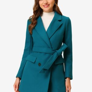Notch Lapel Double Breasted Belted Mid Long Outwear Winter Coat Lake Blue/XL - Allegra K catalog