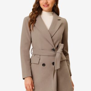Notch Lapel Double Breasted Belted Mid Long Outwear Winter Coat Brown/S - Allegra K catalog
