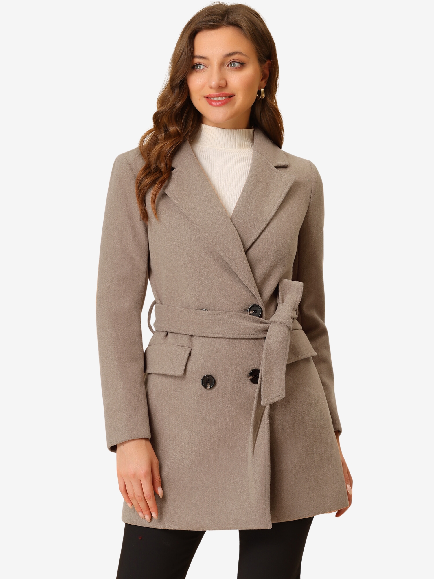 Notch Lapel Double Breasted Belted Mid Long Outwear Winter Coat Brown/XL - Allegra K catalog