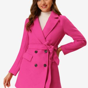 Notch Lapel Double Breasted Belted Mid Long Outwear Winter Coat Rose Red/XS - Allegra K catalog