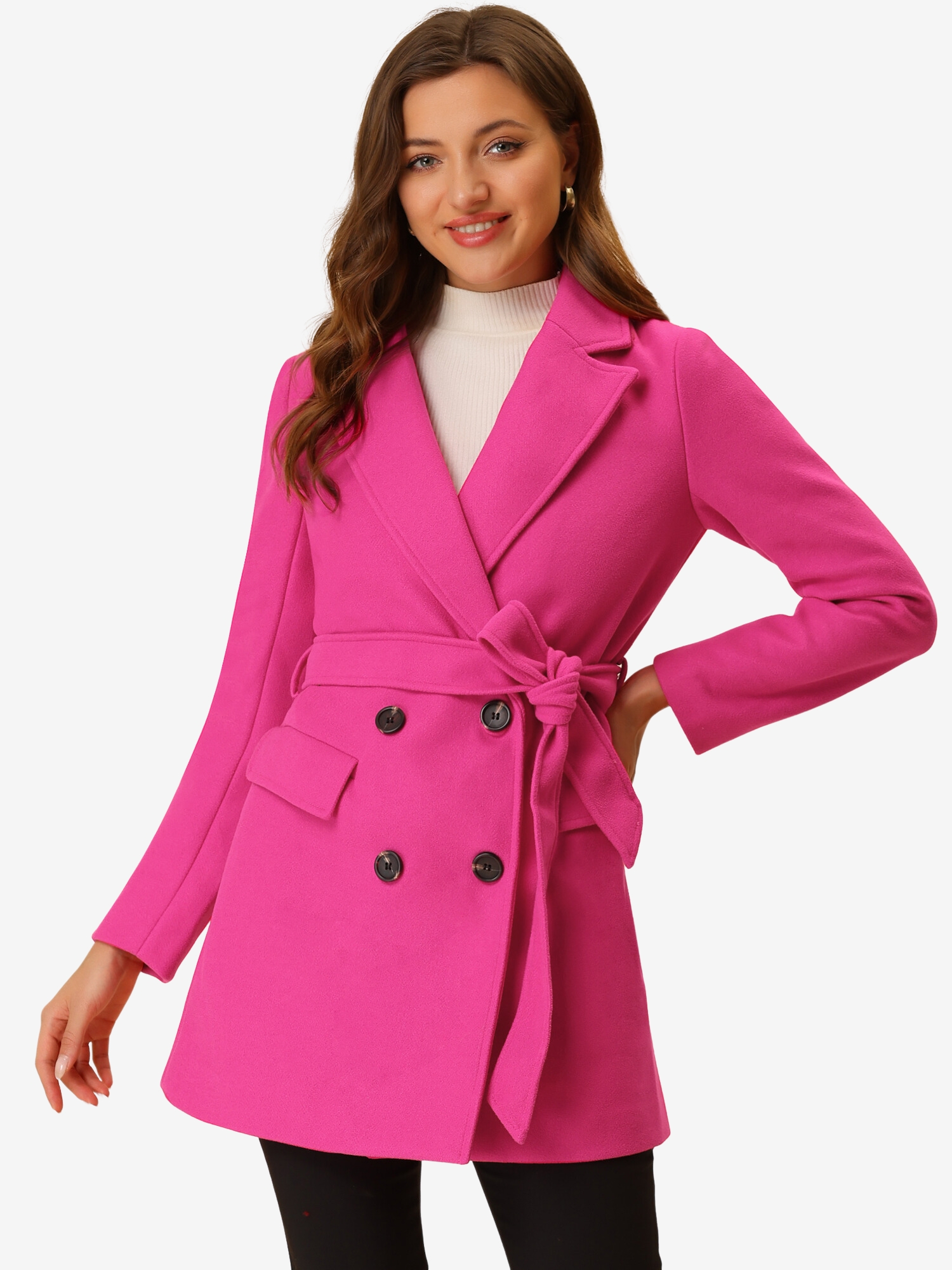 Notch Lapel Double Breasted Belted Mid Long Outwear Winter Coat Rose Red/S - Allegra K catalog