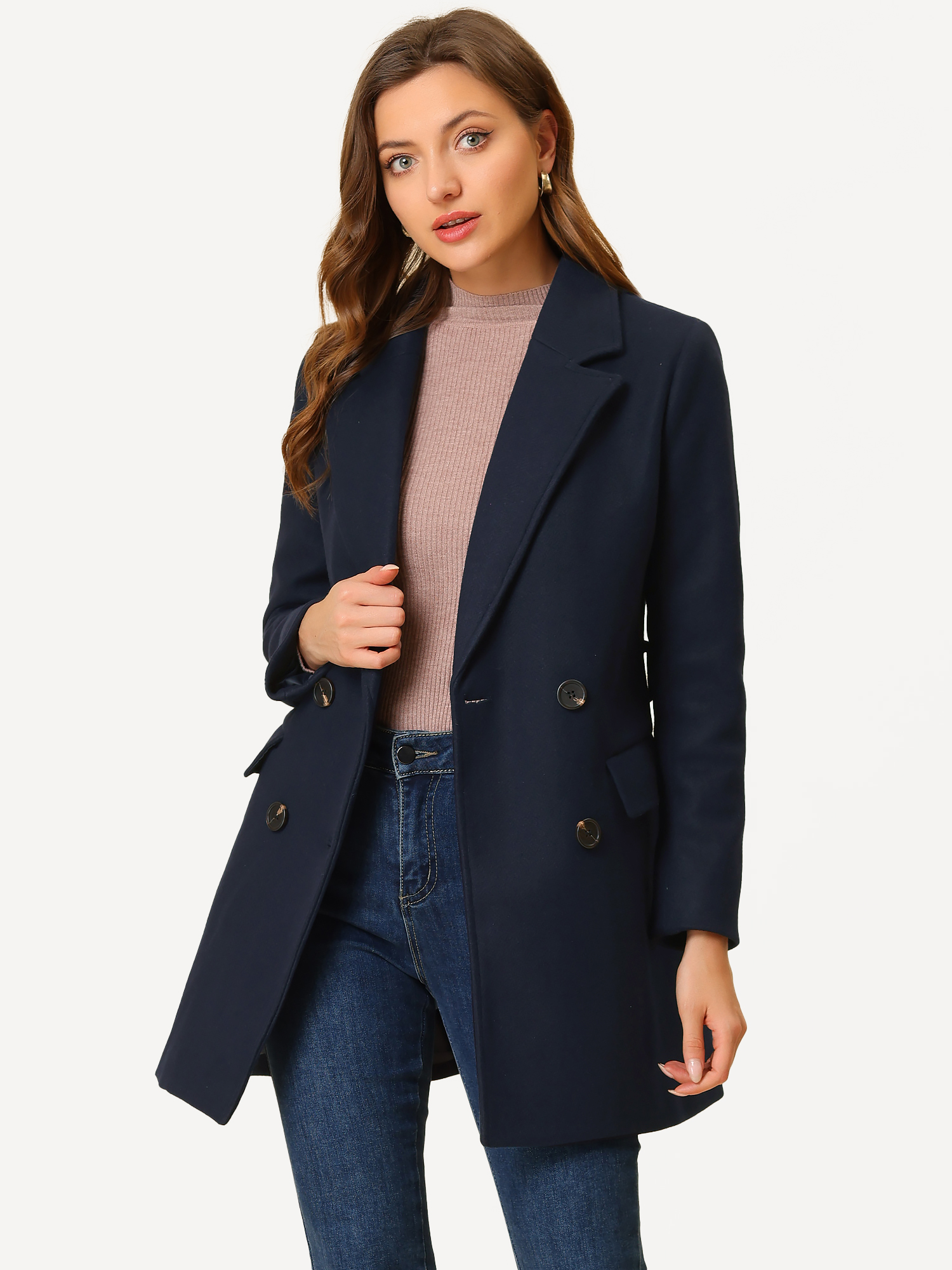 Notch Lapel Double Breasted Belted Mid Long Outwear Winter Coat Navy Blue/S - Allegra K catalog