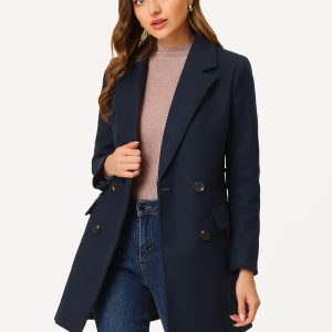 Notch Lapel Double Breasted Belted Mid Long Outwear Winter Coat Navy Blue/XL - Allegra K catalog