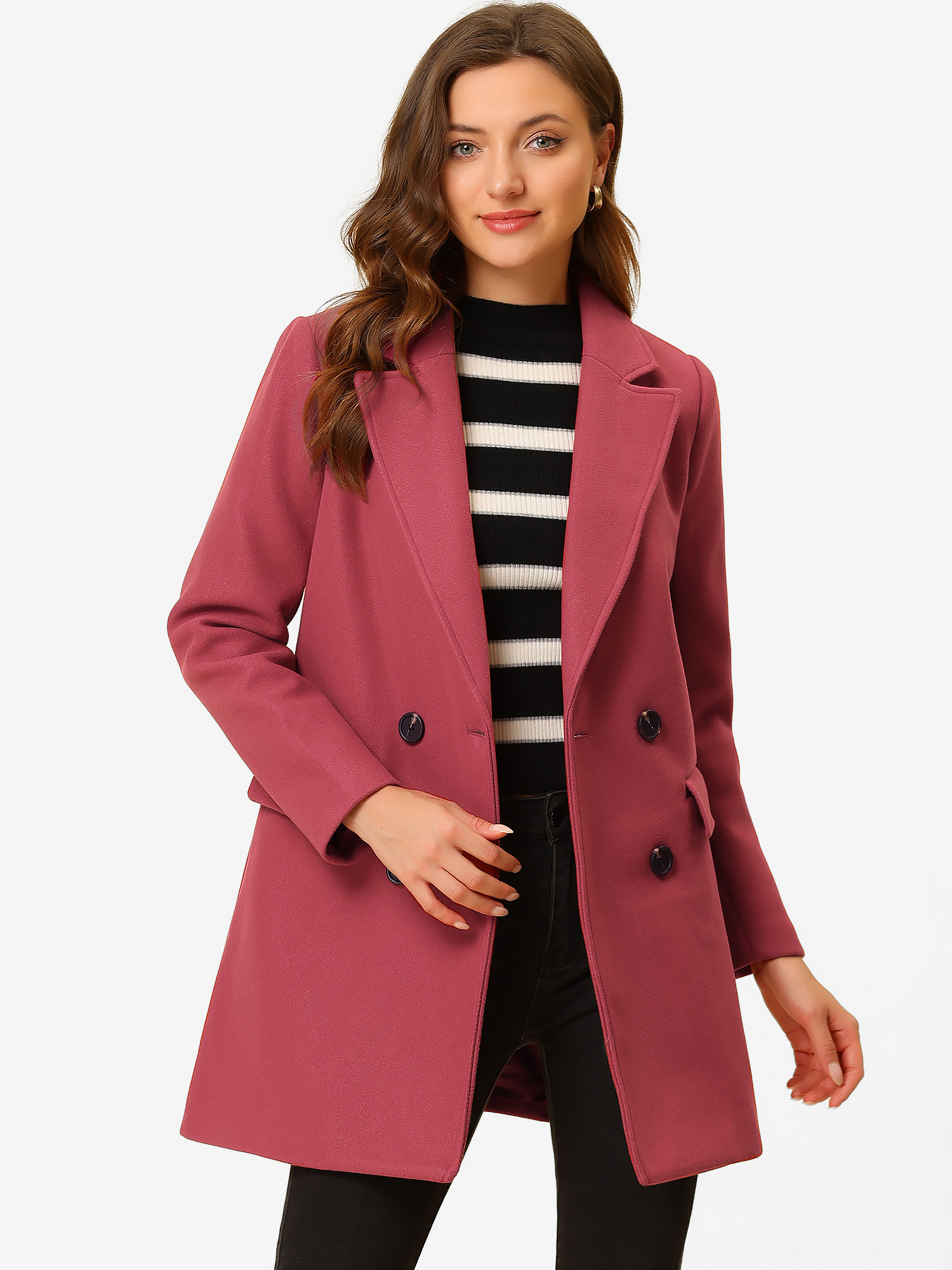 Notch Lapel Double Breasted Belted Mid Long Outwear Winter Coat Watermelon Red/L - Allegra K catalog