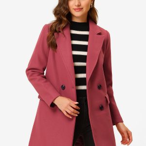 Notch Lapel Double Breasted Belted Mid Long Outwear Winter Coat Watermelon Red/XL - Allegra K catalog