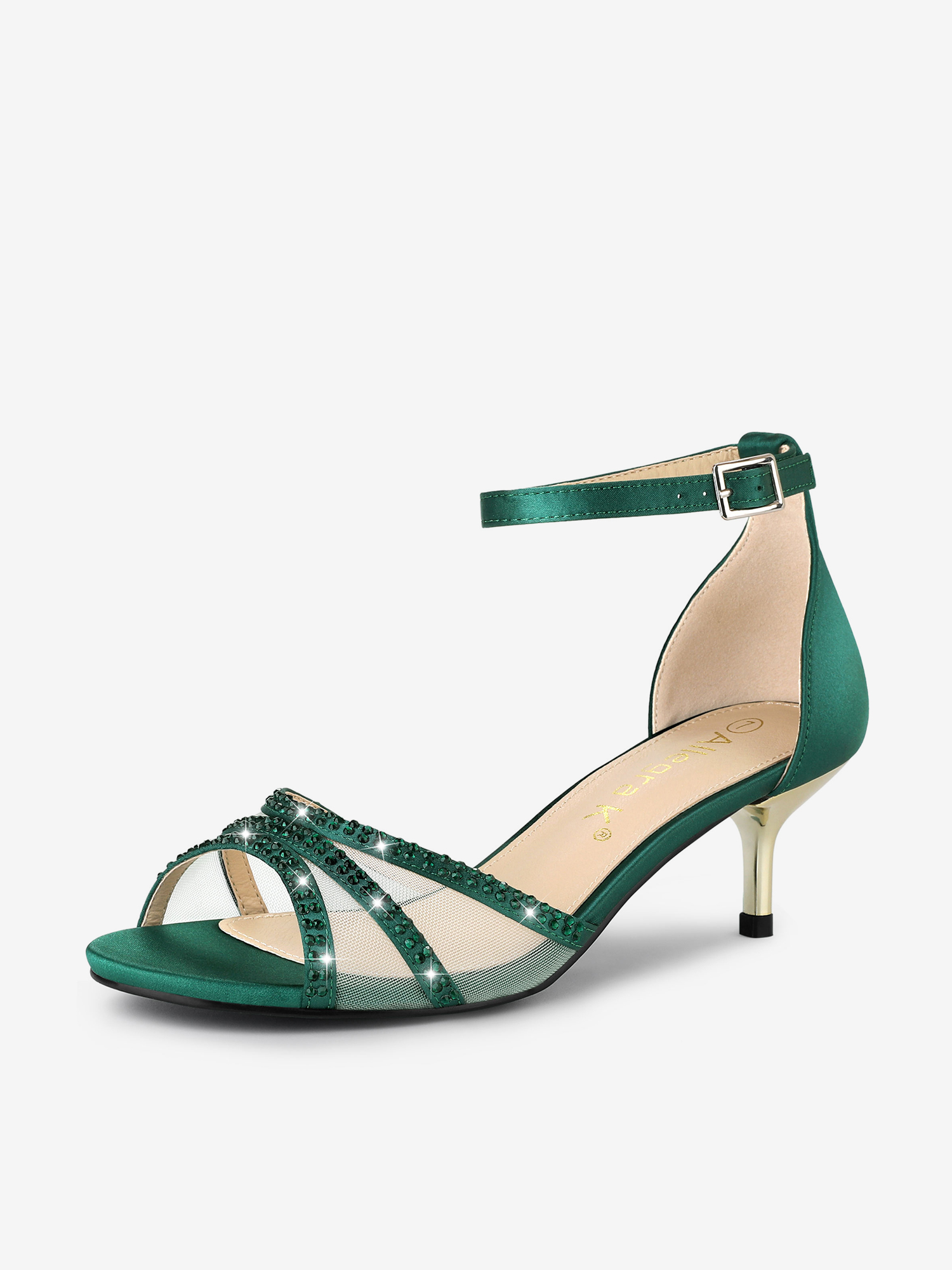 Satin Rhinestone Mesh Kitten Heel Ankle Strap Sandals Dark Green/8.5 - Allegra K catalog