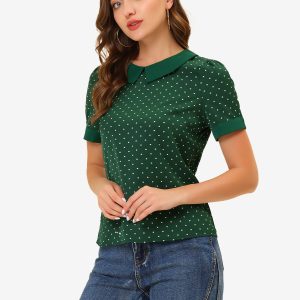 Peter Pan Collar Vintage Polka Dots Short Sleeves Blouse Green/S - Allegra K catalog