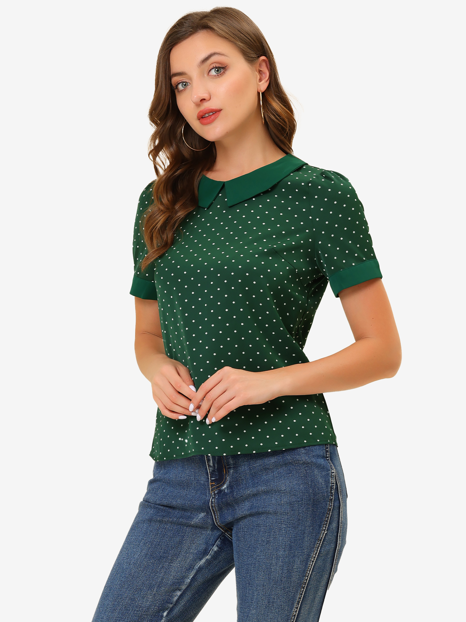 Peter Pan Collar Vintage Polka Dots Short Sleeves Blouse Green/XL - Allegra K catalog