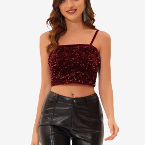 Sequined Velvet Spaghetti Strap Club Party Cropped Cami Top Burgundy/L - Allegra K catalog