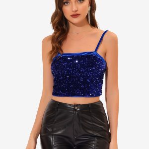 Sequined Velvet Spaghetti Strap Club Party Cropped Cami Top Navy Blue/XS - Allegra K catalog