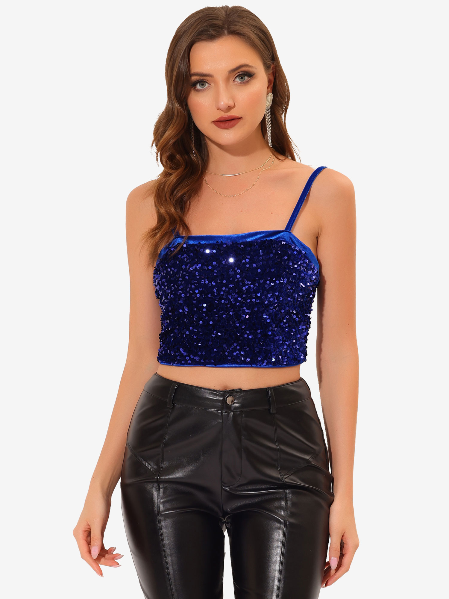 Sequined Velvet Spaghetti Strap Club Party Cropped Cami Top Navy Blue/XS - Allegra K catalog