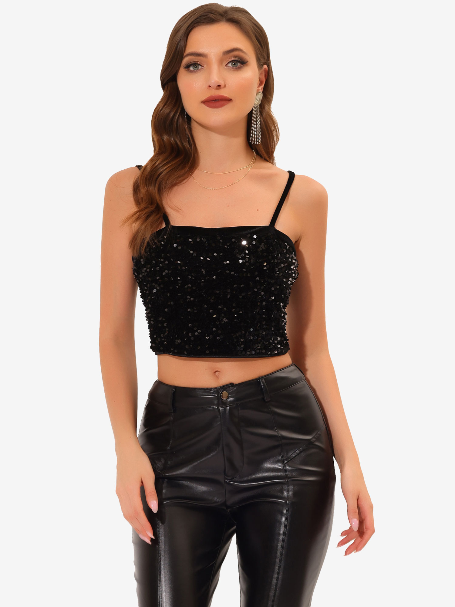 Sequined Velvet Spaghetti Strap Club Party Cropped Cami Top Black/S - Allegra K catalog
