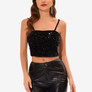 Sequined Velvet Spaghetti Strap Club Party Cropped Cami Top Black/XL - Allegra K catalog