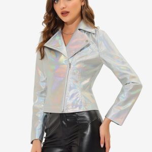 Metallic Biker Holographic Shiny Zipper Notched Jackets Silver/M - Allegra K catalog