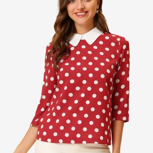Polka Dots Contrast Peter Pan Collar Top 3/4 Sleeve Blouse Shirt Red White/S - Allegra K catalog