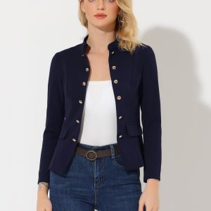 Open Front Blazers Casual Long Sleeve Buttons Office Suit Jacket Navy Blue/XS - Allegra K catalog