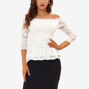 Elegant Lace Blouse Semi Sheer 3/4 Sleeve Off Shoulder Peplum Top White/XL - Allegra K catalog