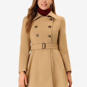 Winter Overcoat Turn Down Collar Belted Double Breasted Long Coat Khaki/XS - Allegra K catalog