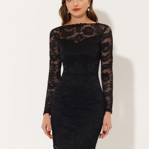 Lace Boat Neck Long Sleeve Cocktail Bodycon Pencil Dress Black/XS - Allegra K catalog