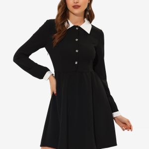 Contrast Color Puff Long Sleeve Collared Flare Short Dress Black/XS - Allegra K catalog