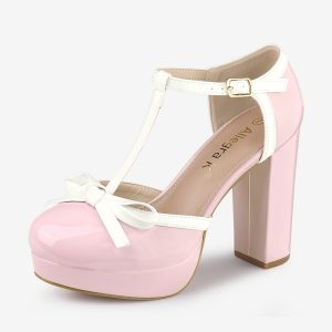Platform Bow T Strap Chunky Heel Pumps Pink/8 - Allegra K catalog