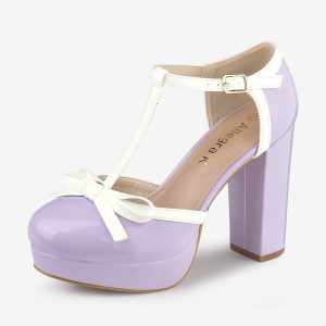 Platform Bow T Strap Chunky Heel Pumps Purple/7 - Allegra K catalog