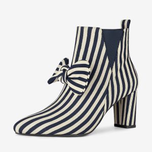 Pointed Toe Zip Striped Chunky Heel Ankle Boots Blue/8 - Allegra K catalog
