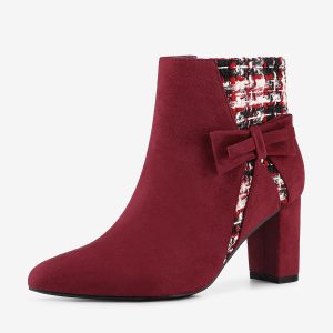 Tweed Plaid Bow Decor Side Zipper Block Heel Ankle Boots Burgundy/7 - Allegra K catalog