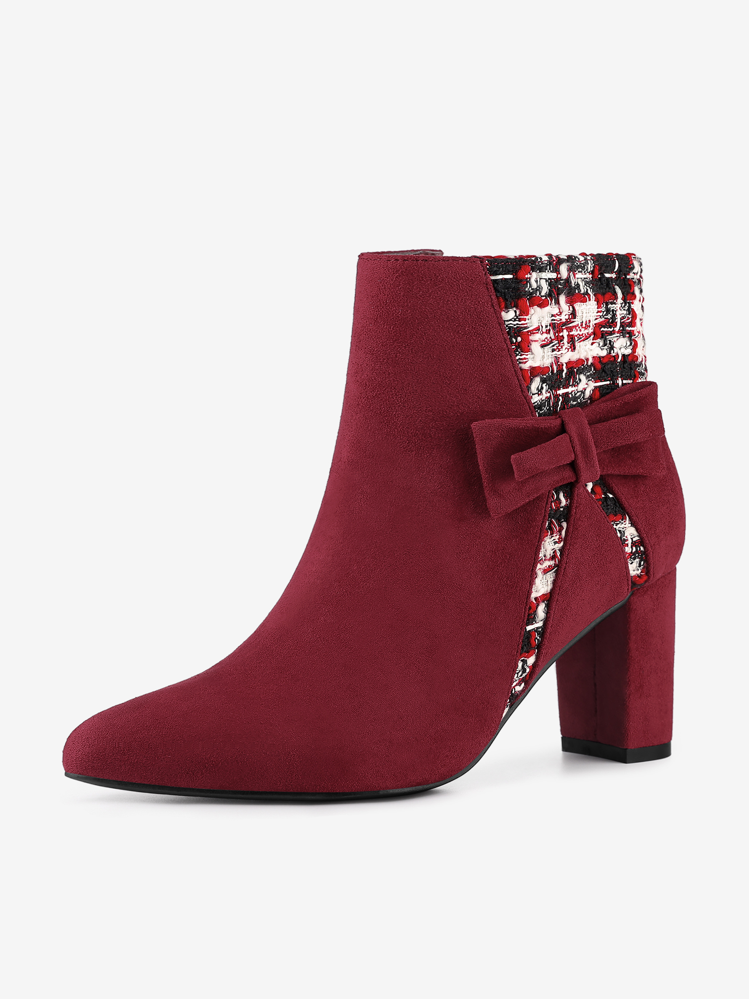 Tweed Plaid Bow Decor Side Zipper Block Heel Ankle Boots Burgundy/11 - Allegra K catalog