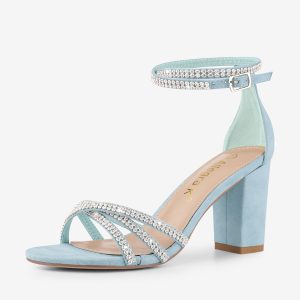 Rhinestones Strappy Chunky Heel Sandals Sky Blue/7 - Allegra K catalog