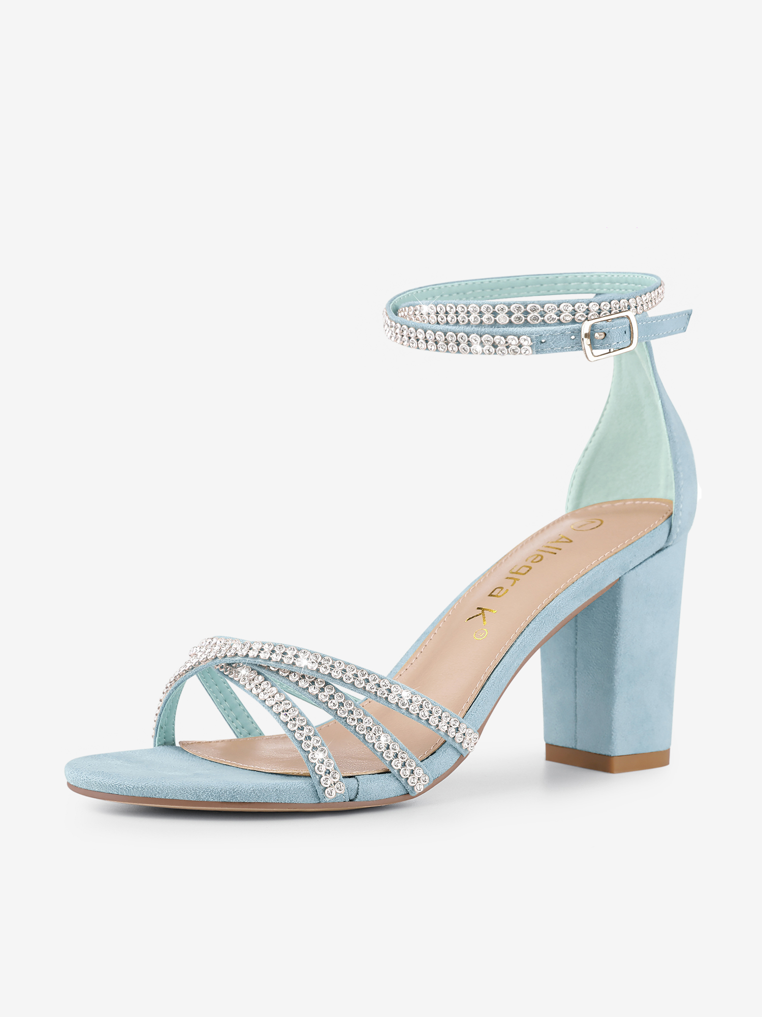 Rhinestones Strappy Chunky Heel Sandals Sky Blue/7 - Allegra K catalog